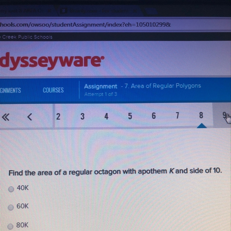 Find the area of regular octagon with apothem k and side of 10-example-1