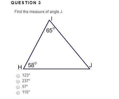 Find the measure of angle J. 123° 237° 57° 115°-example-1