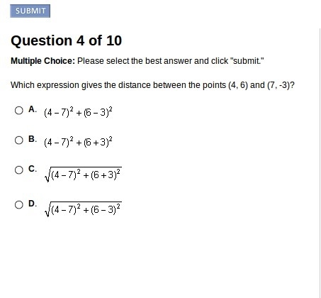 Which expression gives the distance between the points (4, 6) and (7, -3)?-example-1