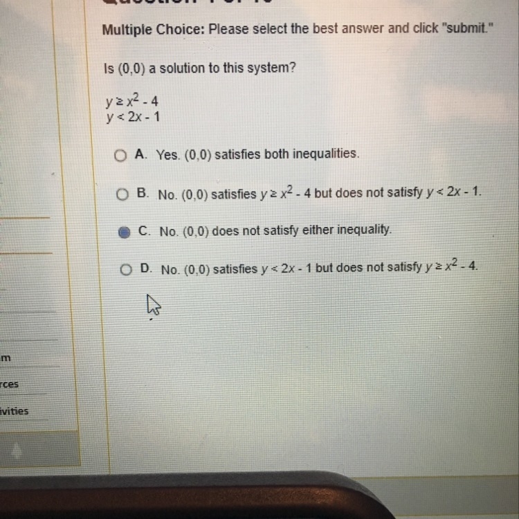 Is (0,0) a solution to this system ?-example-1