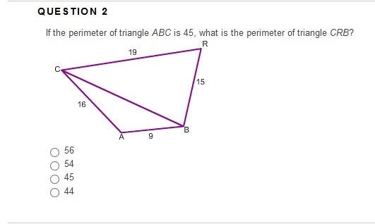 If the perimeter of triangle ABC is 45, what is the perimeter of triangle CRB?-example-1