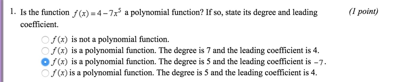 Is the function a polynomial if so state its degree and leading coefficient i know-example-1