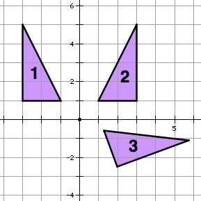 Which triangles (if any) can be shown to be congruent using a rotation? A) 1 and 2 B-example-1