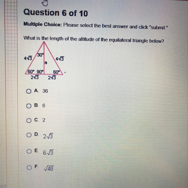 What is the length of the altitude of the equilateral triangle below?-example-1