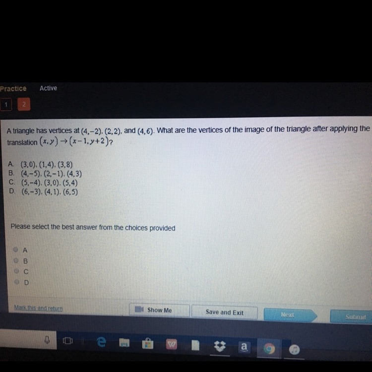 A triangle has vertices at (4,-2), (2,2) and (4,6). What are the vertices of the image-example-1