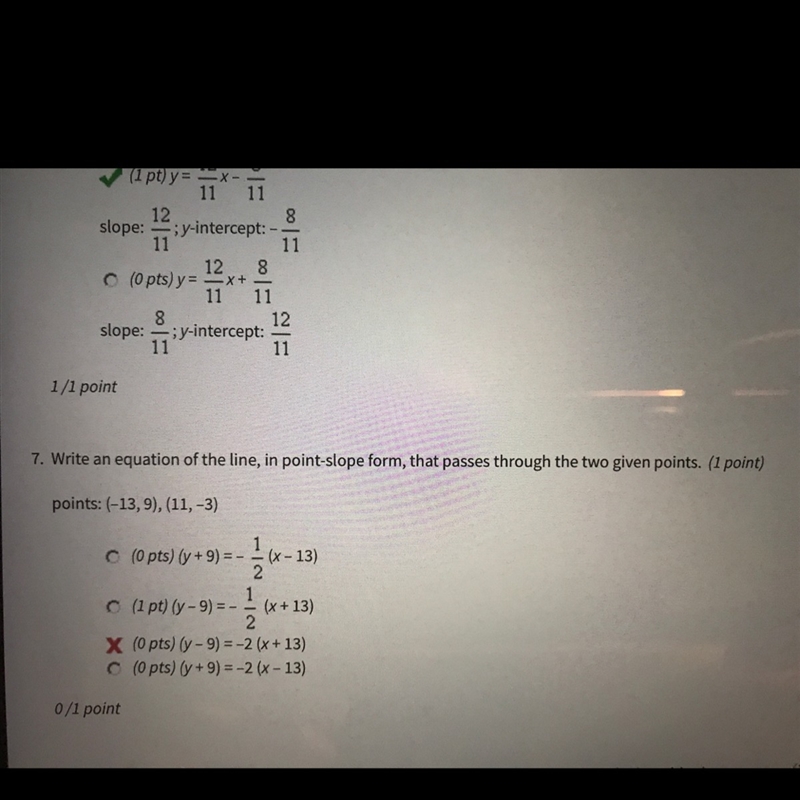 Write an equation of the line,in point slope form, that passes through the two given-example-1