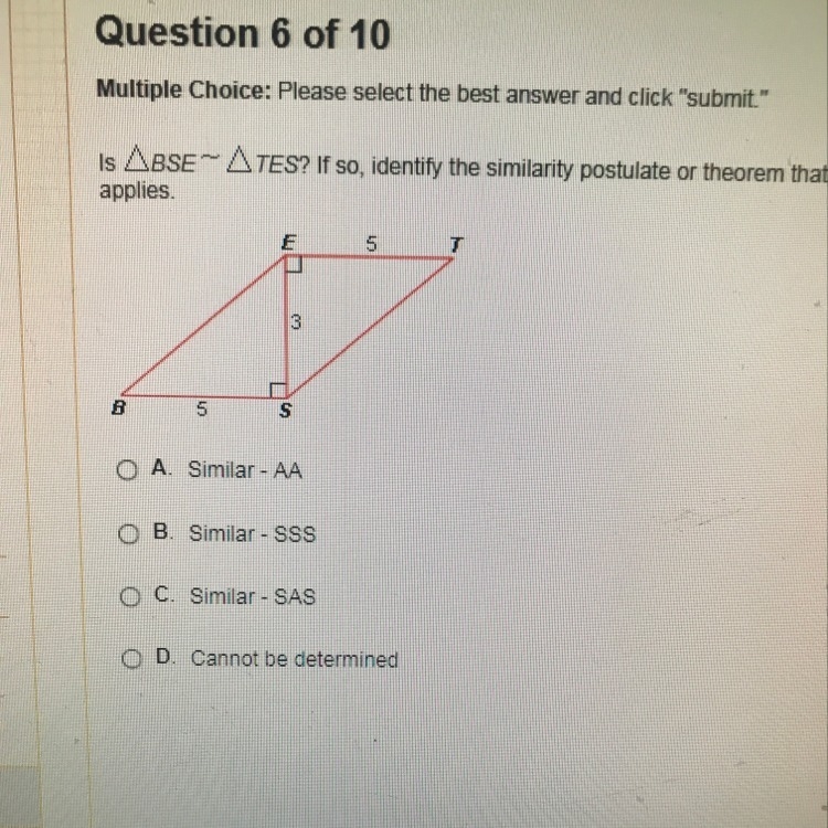 Is bse~ tes? if so, identify the similarity the similarity postulate or theorem that-example-1