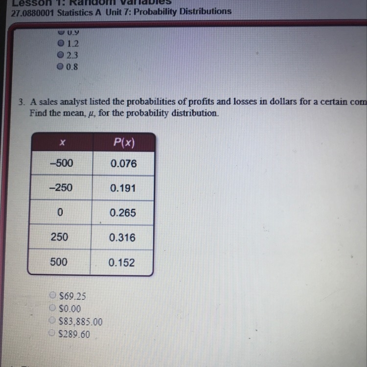 A sales analyst listed the probabilities of profits and losses in dollars for a certain-example-1