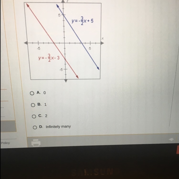 The system of equations graphed below has how many solutions ?-example-1