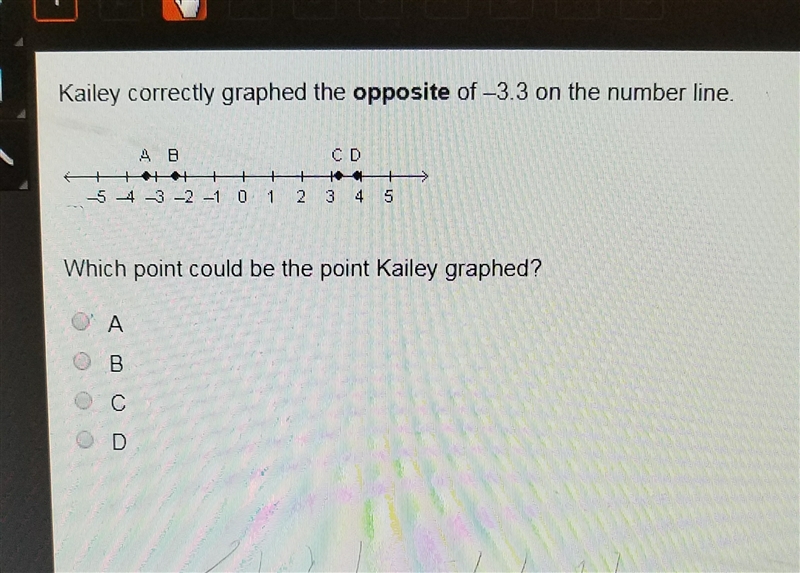 Kailey correctly graphed the opposite of -3.3 on the number line. Which point could-example-1