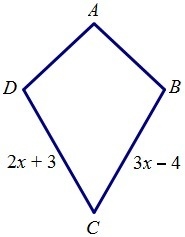 Quadrilateral ABCD is a kite. If AD=AB, find BC, find BC A.7 B.17 C.25 D.10-example-1