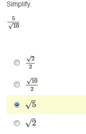 Plz help 18pts simplify 5/√10-example-1