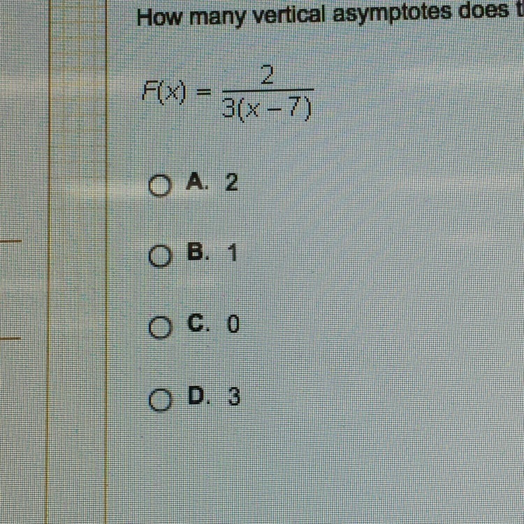 Please answer ASAP!!! How many vertical asymptotes does the graph of this function-example-1