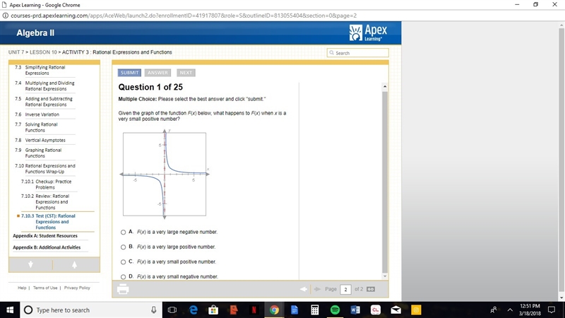 Given the graph of the function f(x) below what happens to f(x) when x is a very small-example-1