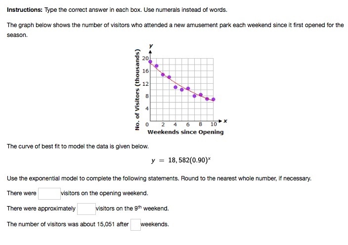 Plz help me!!!! Use the exponential model to complete the following statements. Round-example-1