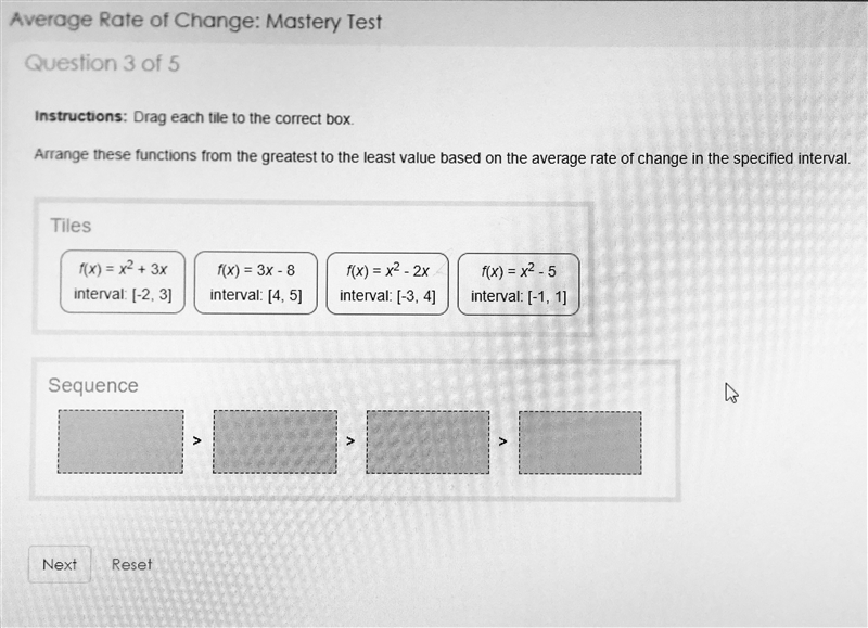 Arrange these functions from the greatest to the least value based on the average-example-1