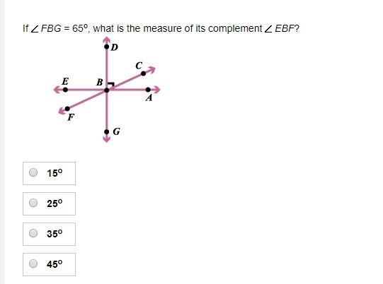 If FBG = 65o, what is the measure of its complement EBF?-example-1