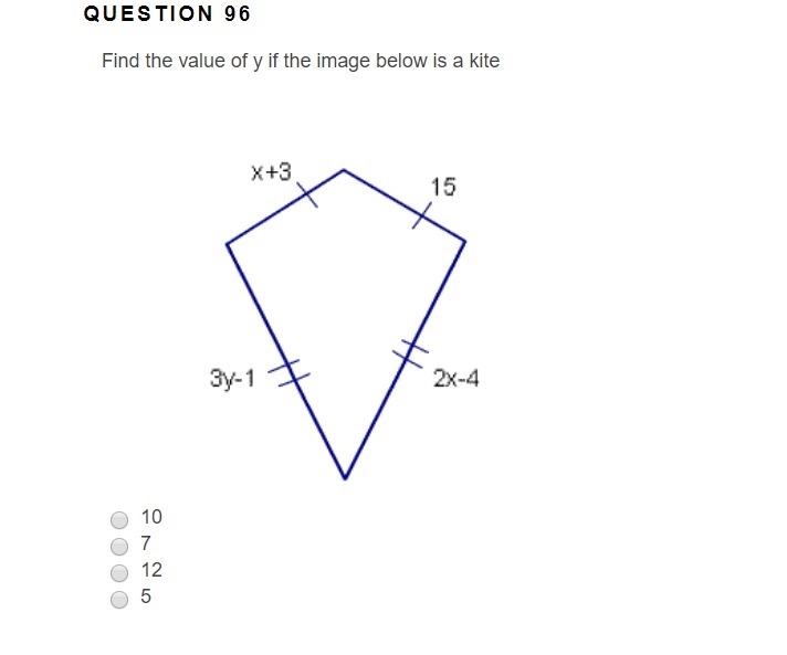 Find the value of y if the image below is a kite 10 7 12 5-example-1