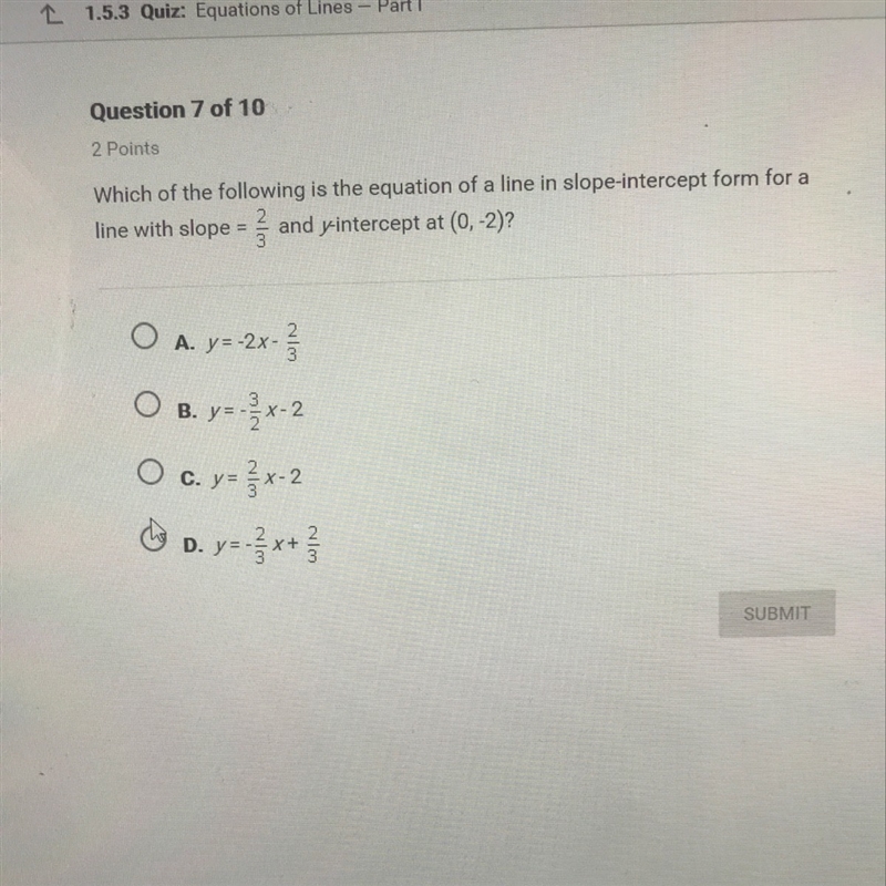 Which of the following is the equation of a line in slope intercept form for a line-example-1