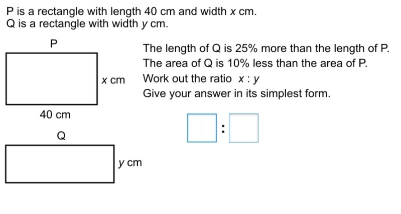 P is a rectangle with a length 40 cm and width x cm Q is a rectangle with width y-example-1