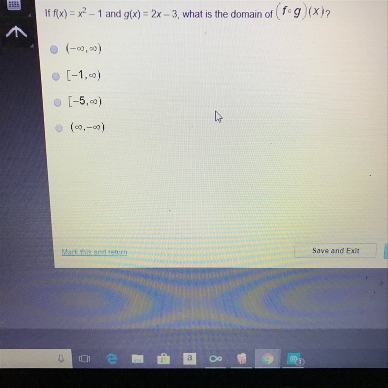 Help me : if f(x) = x^2 - 1 and g(x) = 2x - 3 , what is the domain if (f•g)(x)-example-1