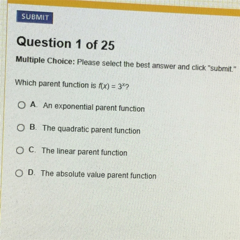 NEED HELP ASAP. Which parent function is f(x) = 3^x?-example-1