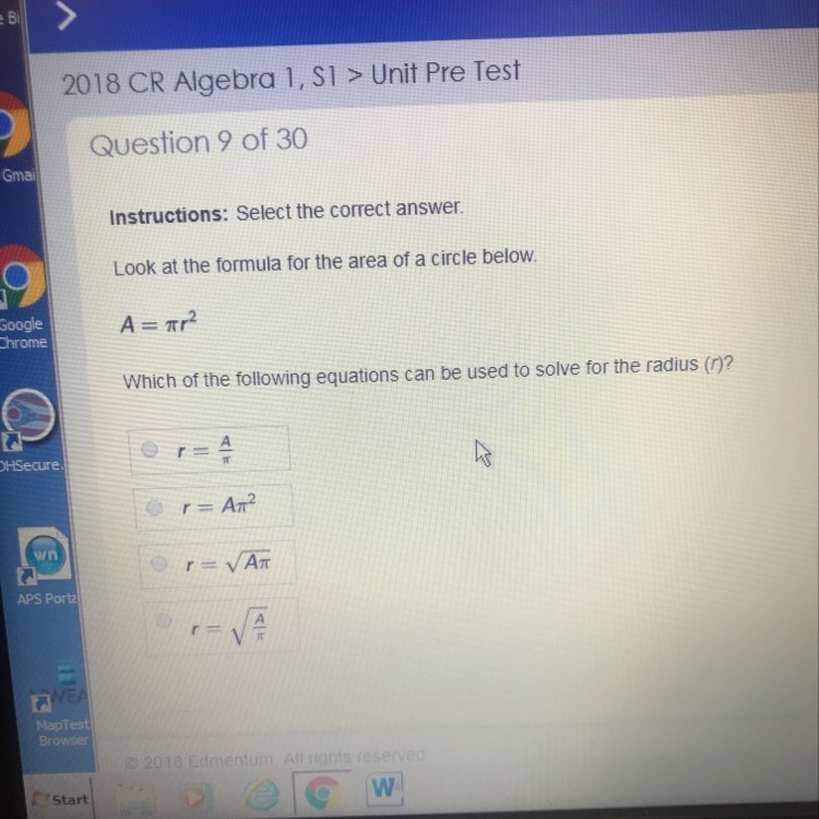 Which of the following equations can be used to solve for the radius (r)-example-1