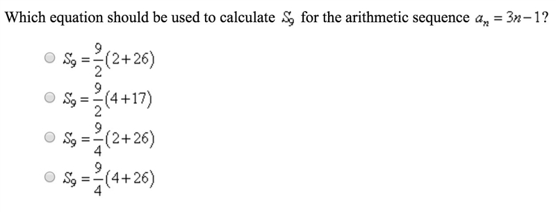 Which calculation should be used to calculate s9 for the arithmetic sequence an=3n-example-1