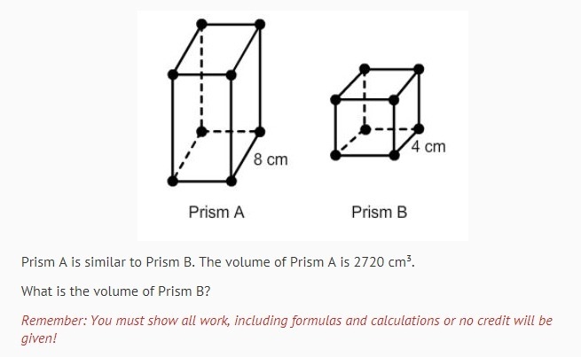 Prism A is similar to Prism B. The volume of Prism A is 2720 cm³. What is the volume-example-1