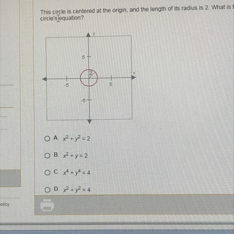 This circle is centered at the origin, and the length of its radius is 2 what is the-example-1