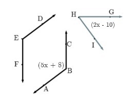 Given that ∠ABC and ∠DEF are both supplementary to ∠GHI, and ∠GHI = 2x -10. Find the-example-1