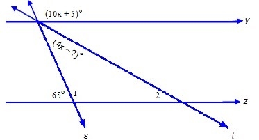 Lines y and z are parallel. What is the measure of angle 2? 6 degrees 11 degrees 28 degrees-example-1