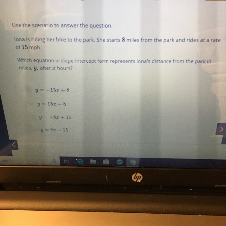 which equation in slope intercept form represents lona's distance from the park in-example-1