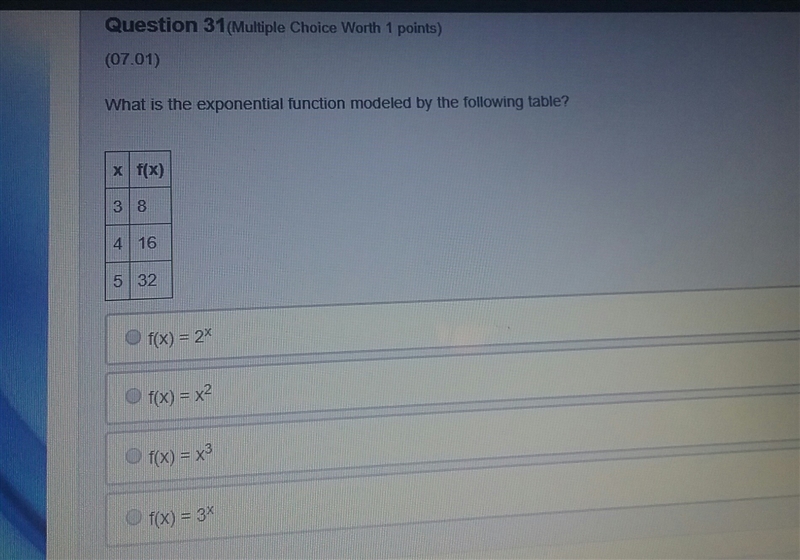 What is the exponential function modeled by the following table? x f(x) 3 8 4 16 5 32 A-example-1