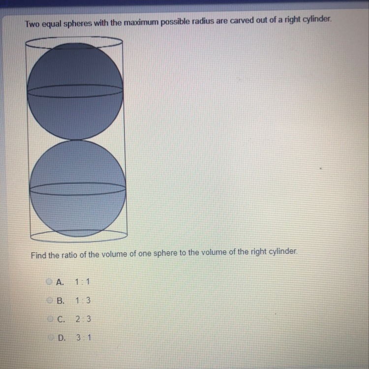 Find the ratio of the volume of one sphere to the volume of the right cylinder-example-1