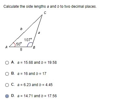 Calculate the side lengths a and b to two decimal places.-example-1