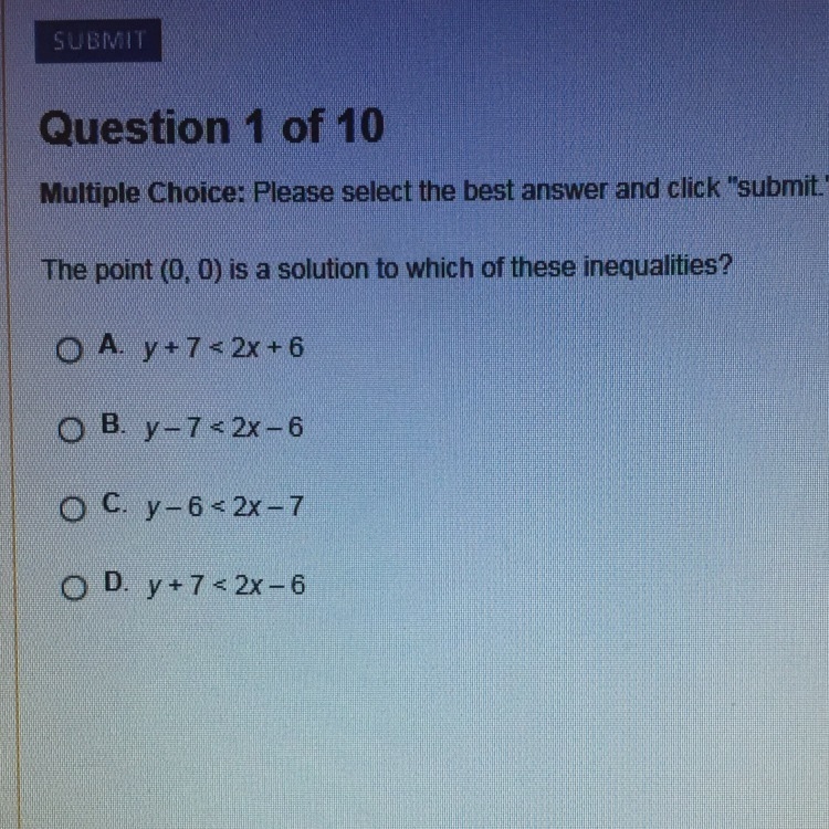 The point (0,0) is a solution to which of these inequalities-example-1