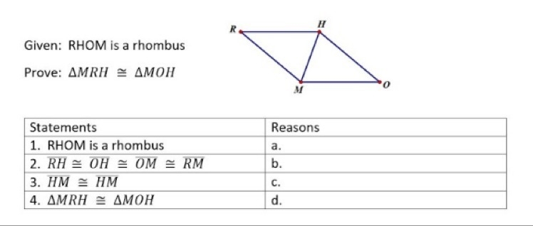 Given: RHOM is a rhombus. Prove: MRH = MOH Need help for a friend-example-1