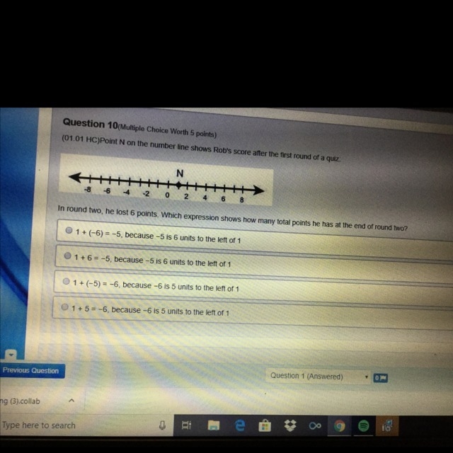 Point N on the number line shows Robs score after the first round of a quiz-example-1