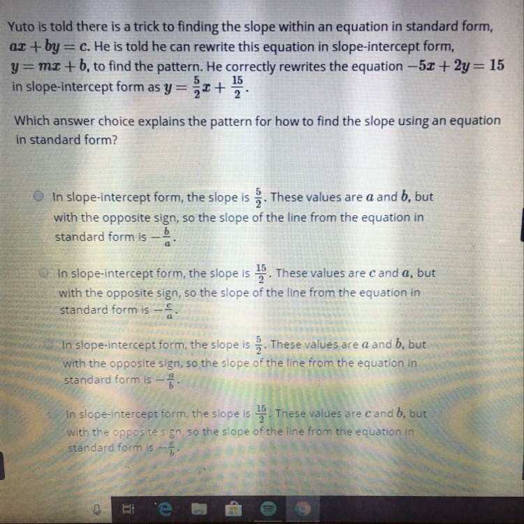 which answer choice explains the pattern for how to find the slope using an equation-example-1