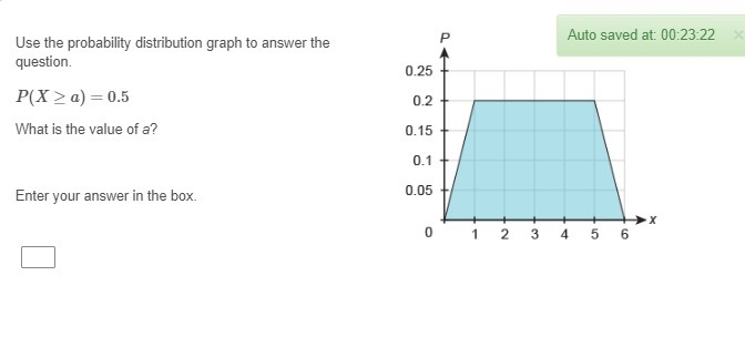 Use the probability distribution graph to answer the question. P(X≥a)=0.5 What is-example-1