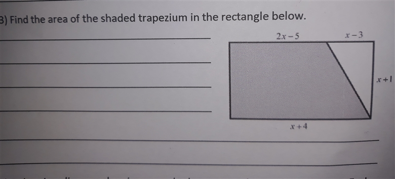 Fine the area of the shaped trapezium in the rectangle below-example-1