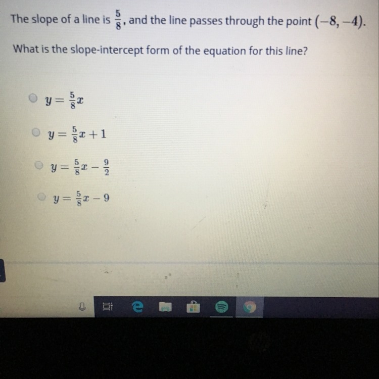 What is the slope intercept form of the equation for the line provided?-example-1