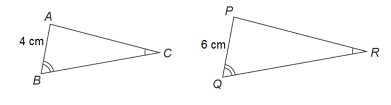 If the area of ABC is 20 cm2, what is the area of PQR? Show your work.-example-1