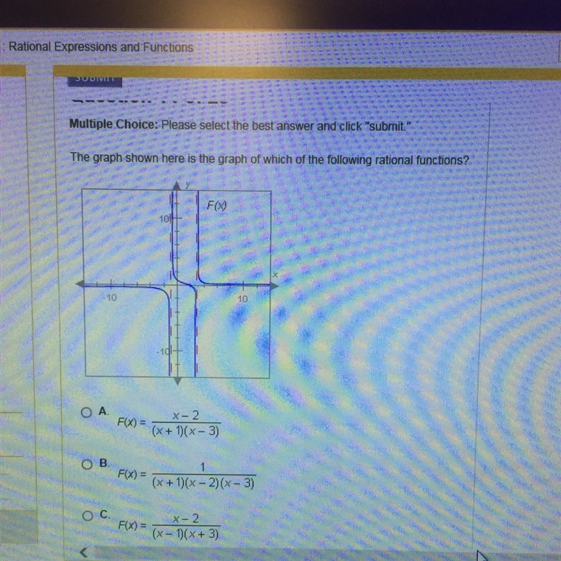 The graph shown here is the graph of which of the following rational functions ?-example-1