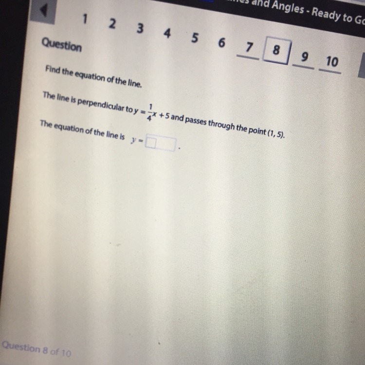 Please help!!! The line is perpendicular to y= 1/4x + 5 and passes through the point-example-1