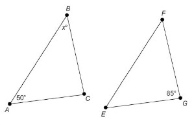 Given Δ ABC ≅ Δ EFG, What is the value of x? A. x= 45 ° B. x= 50 ° C. x= 85 ° D. x-example-1