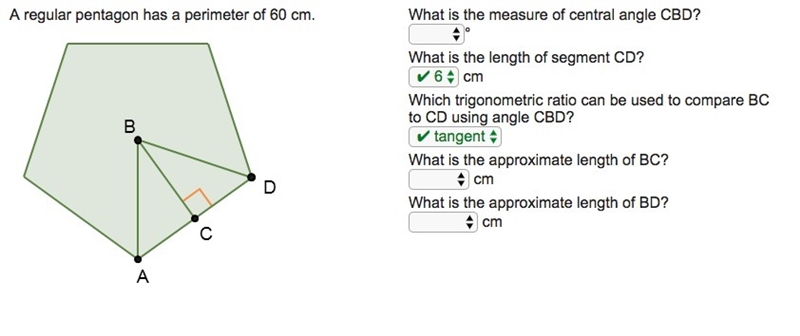 A regular pentagon has a perimeter of 60 cm. What is the measure of central angle-example-1