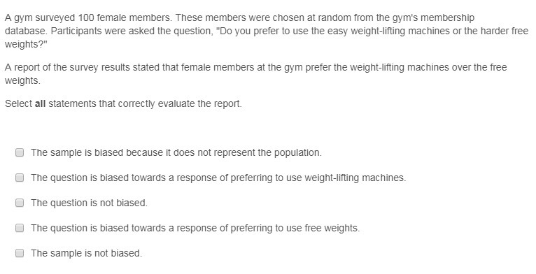 A report of the survey results stated that female members at the gym prefer the weight-example-1