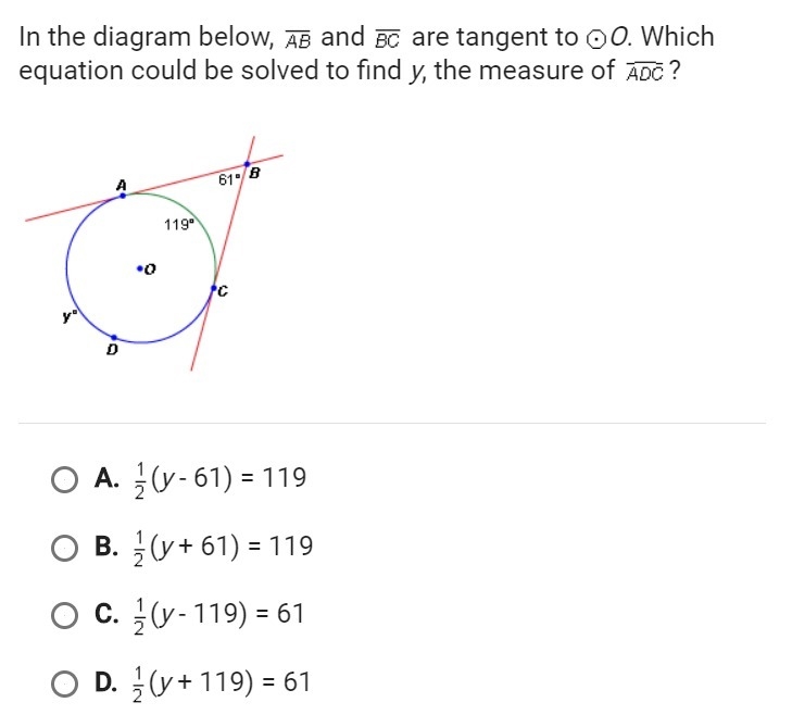 Helpp please Which equation could be solved to find y, the measure of adc?-example-1